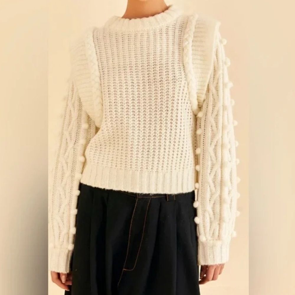 FARM Rio Cream Knit Sweater Ruffled Pom Accents Sz XL Cable  Knit One of a kind